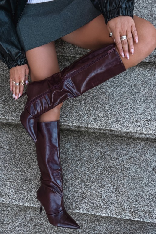 Warme Überknie-Stiefel mit dünnen Absätzen in Bordeauxfarbe Fenoria