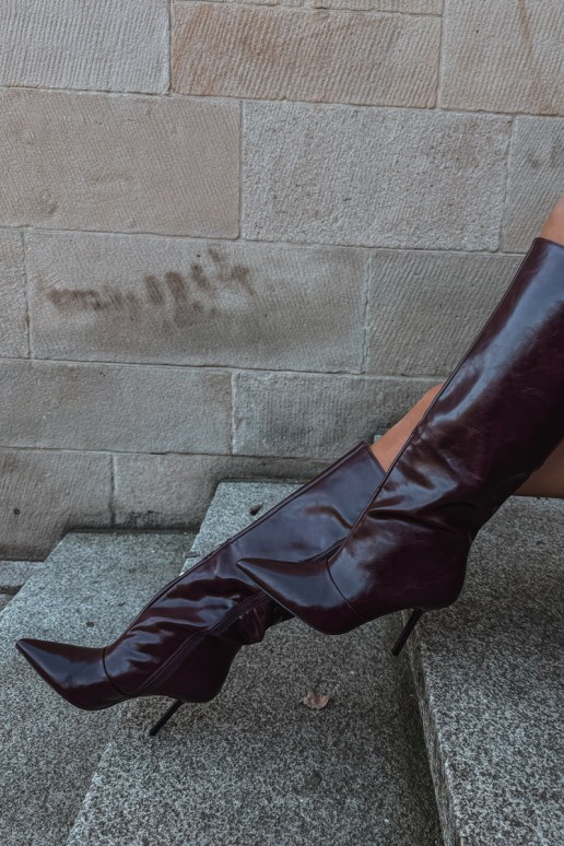 Warme Überknie-Stiefel mit dünnen Absätzen in Bordeauxfarbe Fenoria