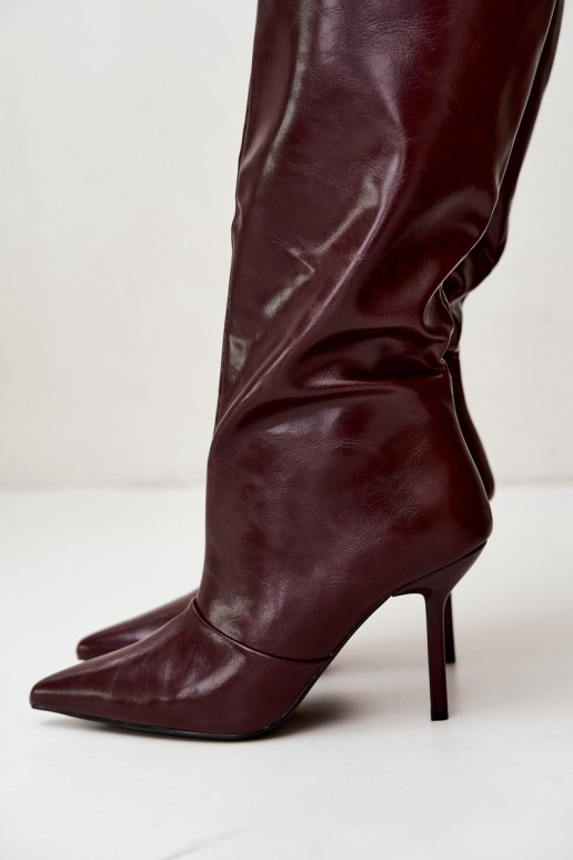 Warme Überknie-Stiefel mit dünnen Absätzen in Bordeauxfarbe Fenoria