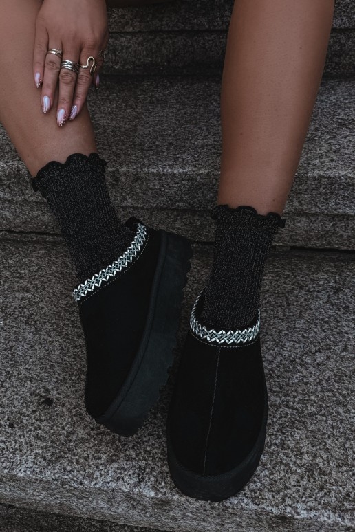 Damen niedrige Schneestiefel mit bestickten Blumen und Plattform in schwarzer Farbe Įjungtarirya