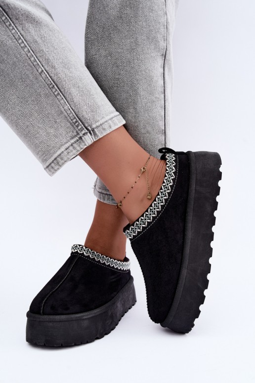 Damen niedrige Schneestiefel mit bestickten Blumen und Plattform in schwarzer Farbe Įjungtarirya