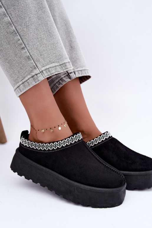 Damen niedrige Schneestiefel mit bestickten Blumen und Plattform in schwarzer Farbe Įjungtarirya