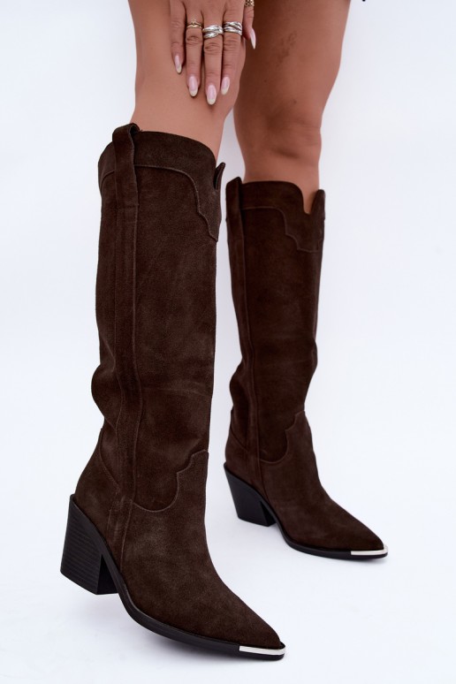 Wärmende kniehohe Cowboy-Stiefel mit Absatz aus Kunstveloursleder in Braun