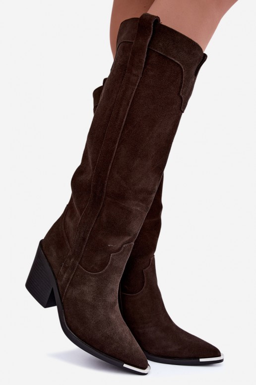 Bottes hautes en style cowboy avec talons en daim synthétique marron