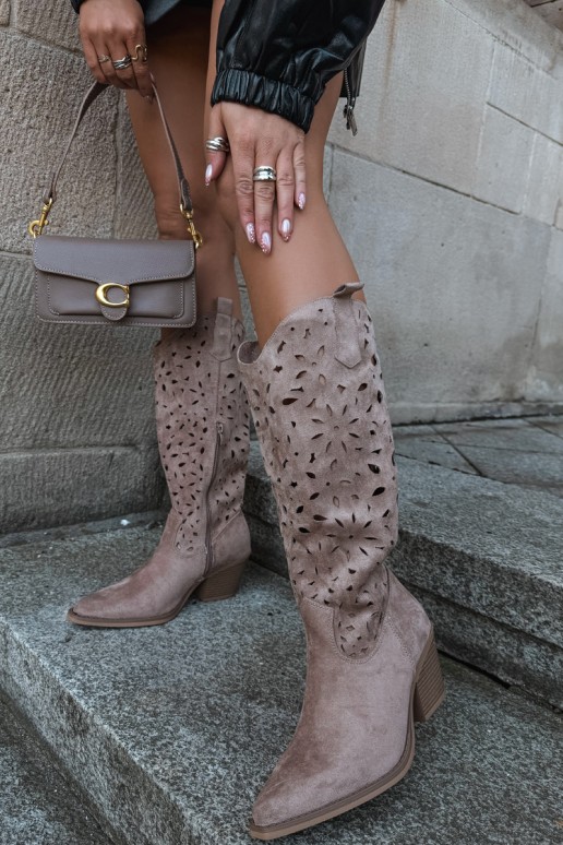 Bottes hautes en style cowboy avec talons découpés en sable Salirae