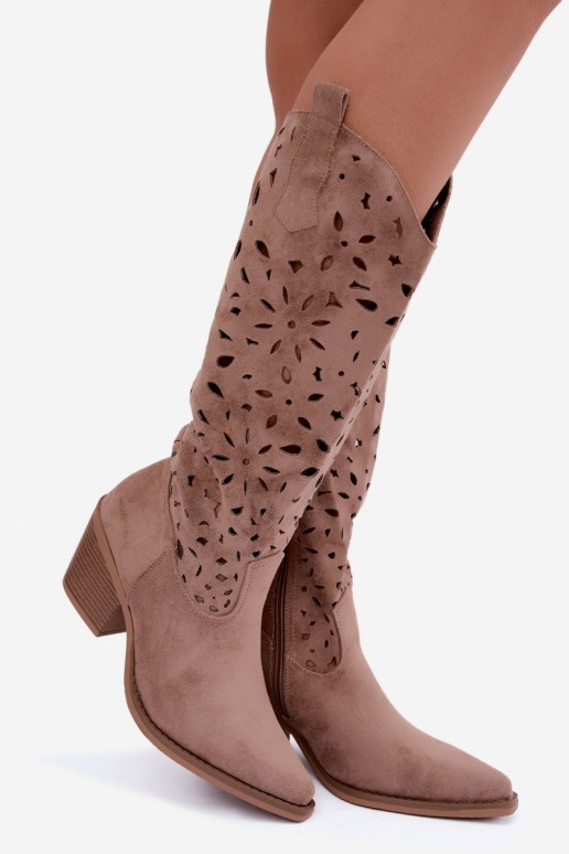 Ausschnitt kniehohe Cowboy-Stiefel mit Absatz in Sand Salirae