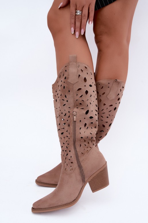 Bottes hautes en style cowboy avec talons découpés en sable Salirae