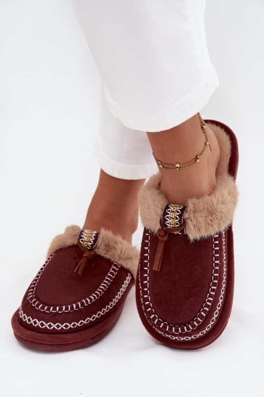 Bordeaux kleurige dames slippers met bont Perivelle