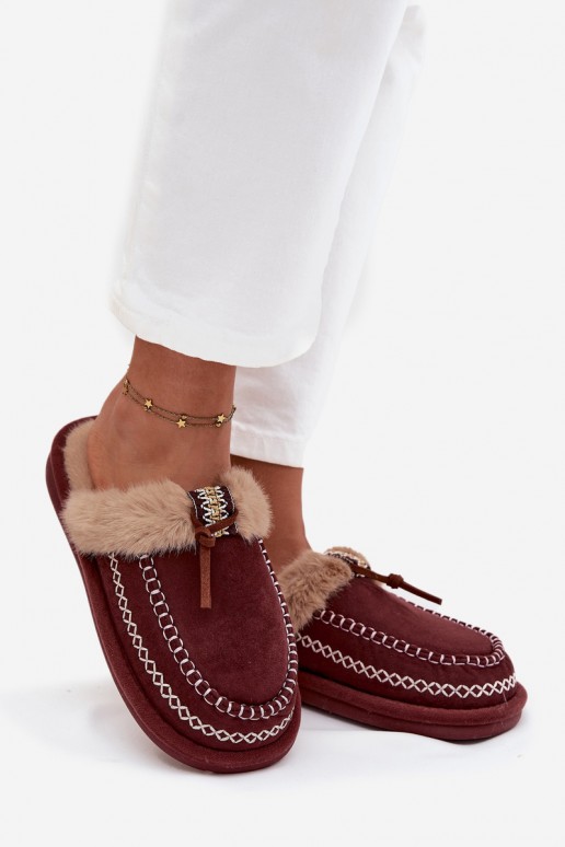 Bordeaux kleurige dames slippers met bont Perivelle