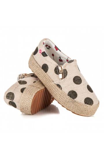 Trendy crèmekleurige textielschoenen voor kinderen met decoratieve rits en zwarte stippen K1645004NE