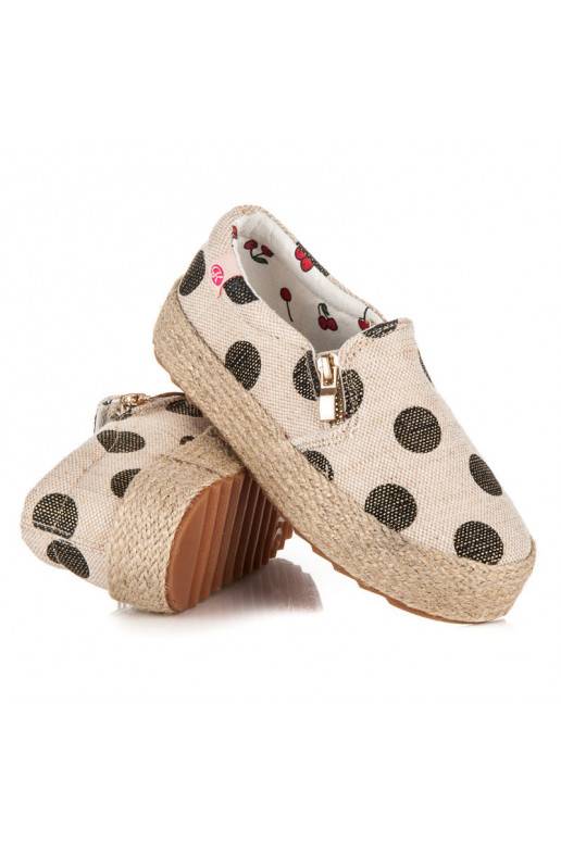 Trendy crèmekleurige textielschoenen voor kinderen met decoratieve rits en zwarte stippen K1645004NE