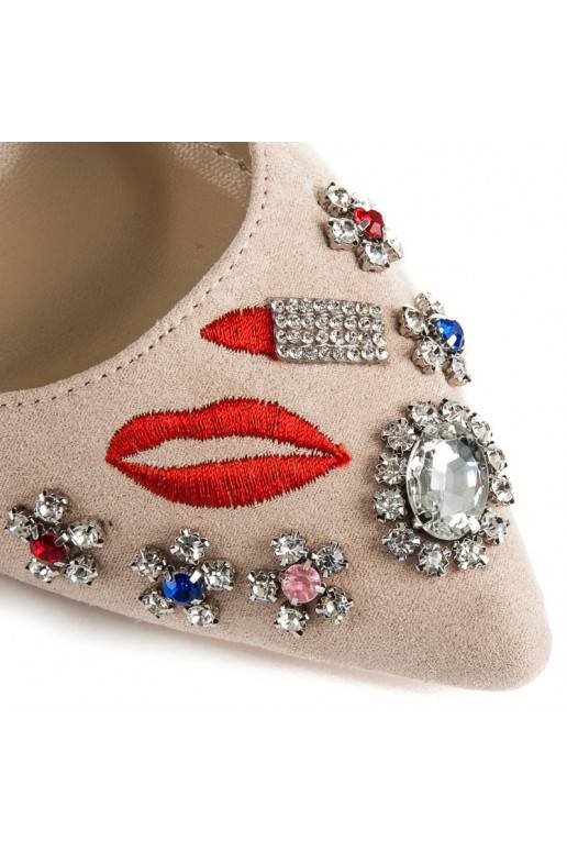 Beigefarbene Wildlederschuhe mit gestickten und glänzenden Details WL119BE  - 2 Beigefarbene Wildlederschuhe mit gestickten und glänzenden Details WL119BE  - 2