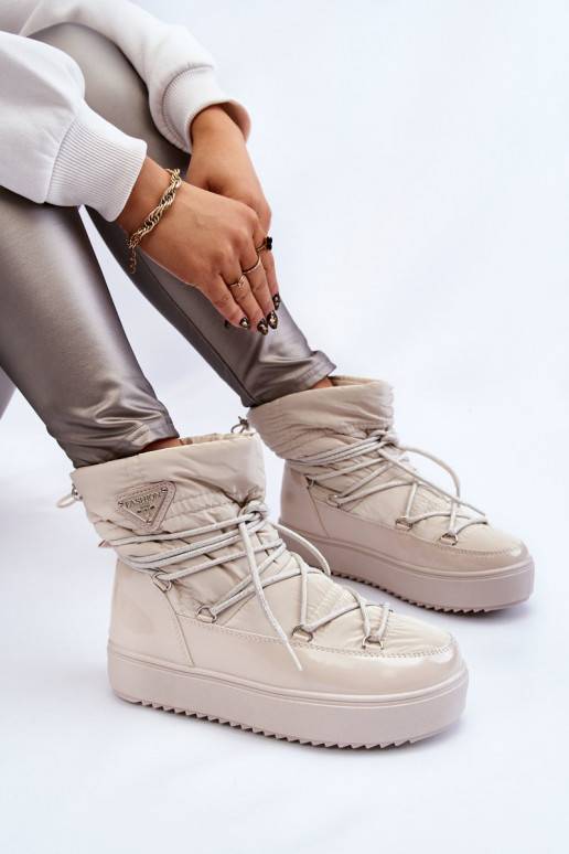 Carrios Elfenbeinfarbene, beheizte Schneestiefel zum Schnüren für Damen