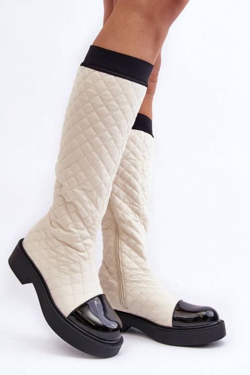 Beige gesteppte lange Amalfri-Stiefel mit breiten Absätzen