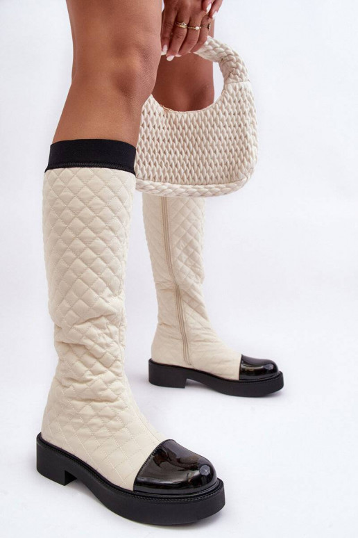 Beige gesteppte lange Amalfri-Stiefel mit breiten Absätzen