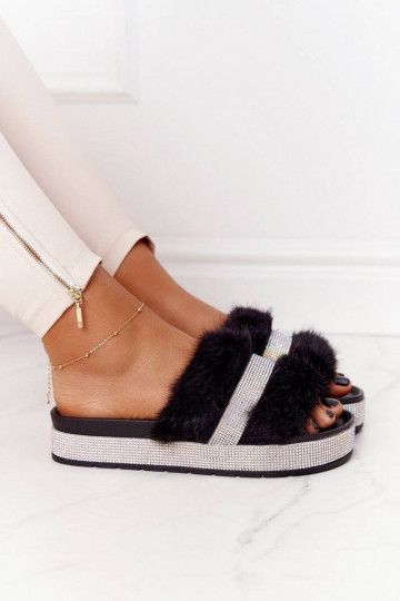Chaussons à plateforme avec fourrure de couleur noire Impress 2