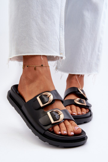 Damen schwarze Slipper aus Kunstleder mit Schnallen Valmira