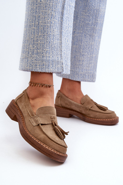 Mocassins femme marron en daim à franges