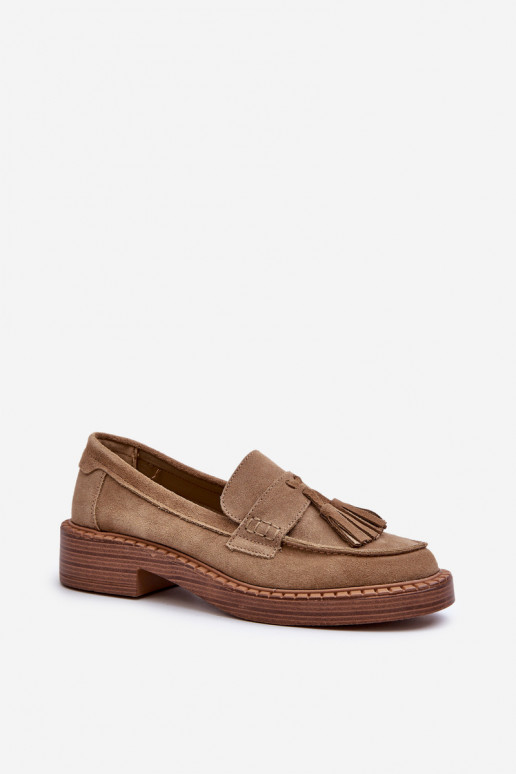 Mocassins femme marron en daim à franges