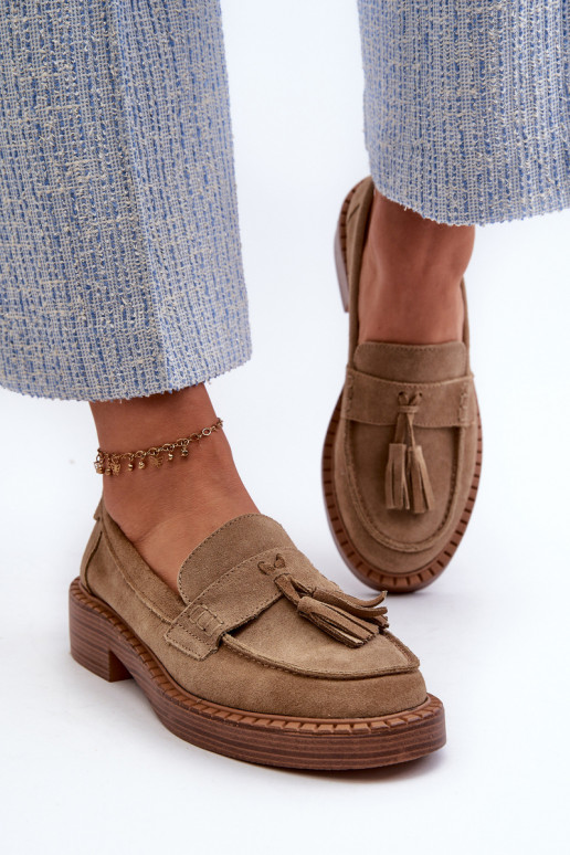 Mocassins femme marron en daim à franges