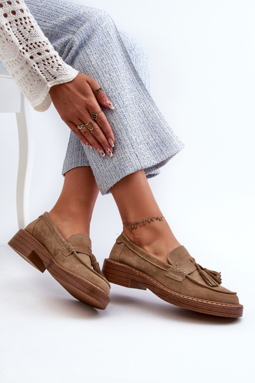 Mocassins femme marron en daim à franges