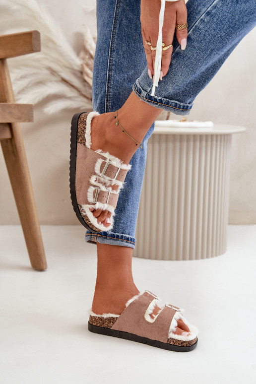 Dames Slippers Slippers met gespen en bont beige Ezilena Dames Slippers Slippers met gespen en bont beige Ezilena