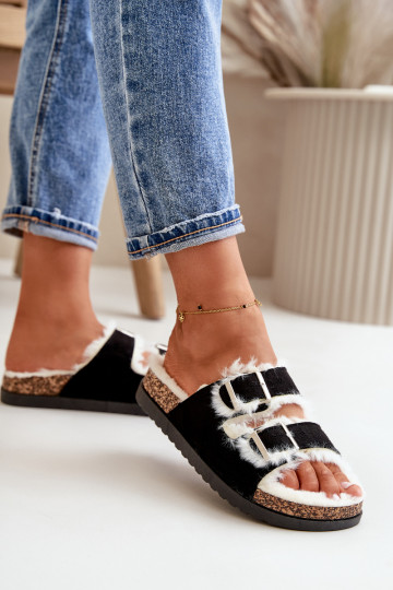 Féminin Chaussons Chaussons avec boucles et un manteau de fourrure couleur noire Ezilena 2