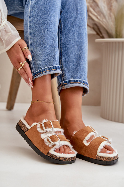 Dames Slippers Slippers met gespen en bont bruine kleur Ezilena Dames Slippers Slippers met gespen en bont bruine kleur Ezilena