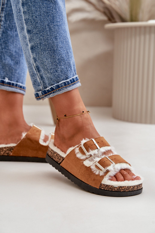 Dames Slippers Slippers met gespen en bont bruine kleur Ezilena Dames Slippers Slippers met gespen en bont bruine kleur Ezilena