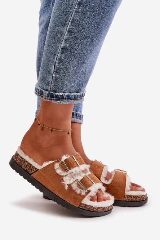 Dames Slippers Slippers met gespen en bont bruine kleur Ezilena Dames Slippers Slippers met gespen en bont bruine kleur Ezilena