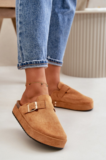 Dames Slippers Klompen met platform met gouden gespen bruine kleur Terilaina