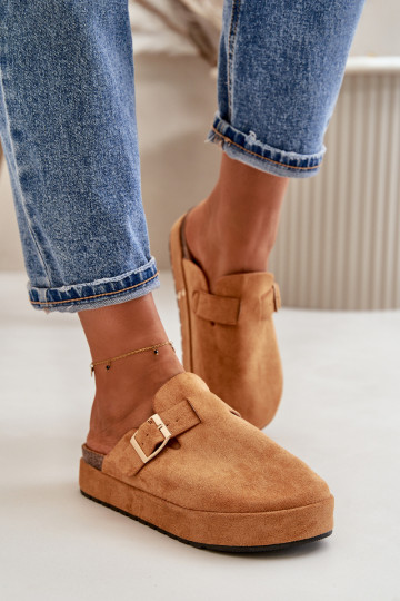 Dames Slippers Klompen met platform met gouden gespen bruine kleur Terilaina 2