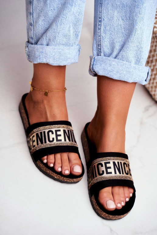 Slippers met sprankelende oogjes Zwart en goud Be Nice