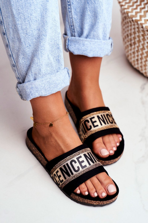 Slippers met sprankelende oogjes Zwart en goud Be Nice