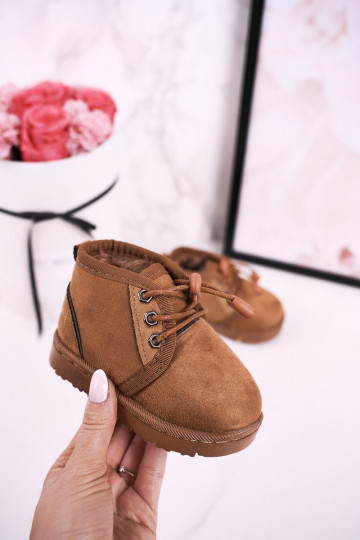 Kindersnowboots met veters en bont in de kleur Hunter bruin