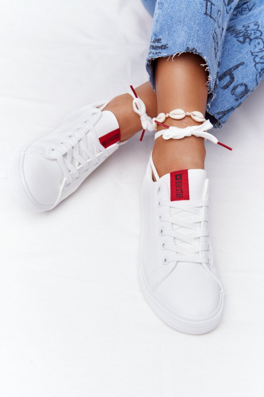 Natuurlijk leren sneakers met decoratieve strepen BIG STAR DD274685 witte kleur