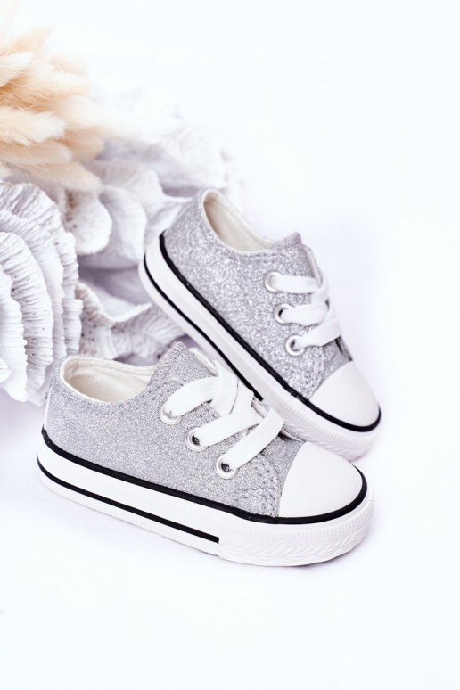 Kindercasual schoenen met glanzende zilveren kleur Bling-Bling Kindercasual schoenen met glanzende zilveren kleur Bling-Bling