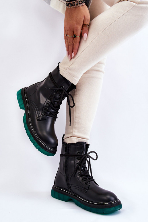 Schwarze Trinah-Schnürstiefel für Damen in Grün mit Plateausohle Schwarze Trinah-Schnürstiefel für Damen in Grün mit Plateausohle