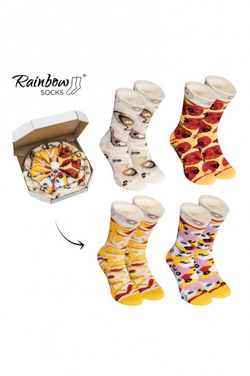 Chaussettes colorées dans une boîte Pizza 4 paires Chaussettes colorées dans une boîte Pizza 4 paires