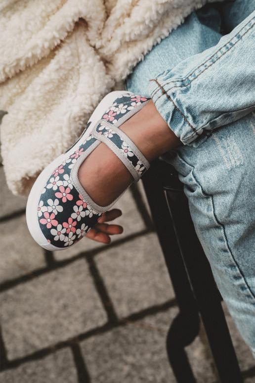 Kinderballerina's met bloemmotieven in de blauwgrijze kleur Noah