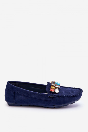 Elegante suède mocassins met glanzende oogjes in donkerblauw Lucille