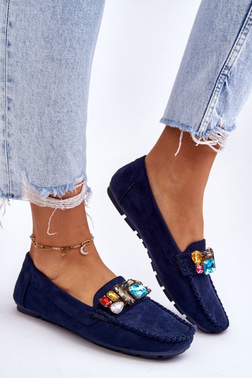 Mocassins élégants en daim avec œillets brillants en bleu foncé Lucille Mocassins élégants en daim avec œillets brillants en bleu foncé Lucille