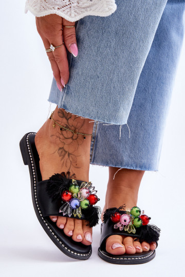 Hausschuhe mit Zierperlen S.Barski KV-2775-47 schwarze Farbe