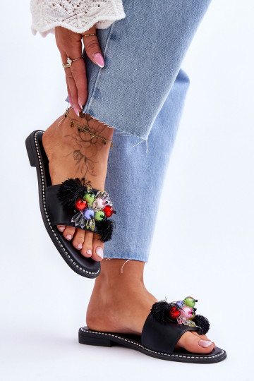 Hausschuhe mit Zierperlen S.Barski KV-2775-47 schwarze Farbe 2