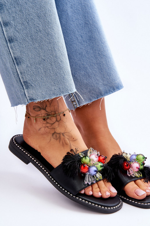 Hausschuhe mit Zierperlen S.Barski KV-2775-47 schwarze Farbe