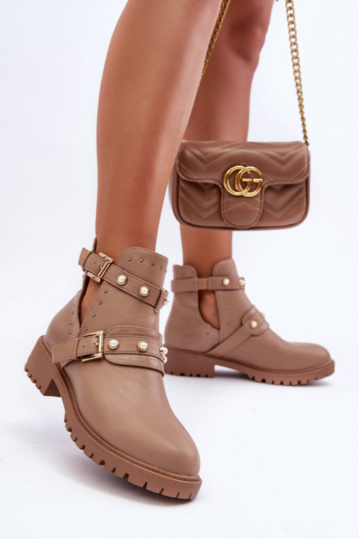 Bottines pour femmes avec perles artificielles de couleur beige Clarisa