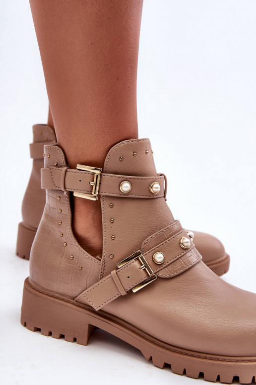 Bottines pour femmes avec perles artificielles de couleur beige Clarisa