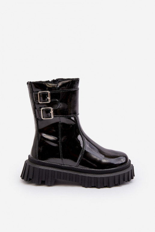 Kinderstiefel mit Lackeffekt und Schnallen in der Farbe Schwarz Chloraia Kinderstiefel mit Lackeffekt und Schnallen in der Farbe Schwarz Chloraia