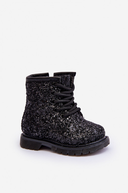 Bottes brillantes pour enfants, chauffées avec fermetures éclair, couleur noire Saussa