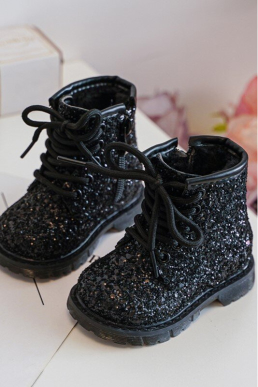 Bottes brillantes pour enfants, chauffées avec fermetures éclair, couleur noire Saussa